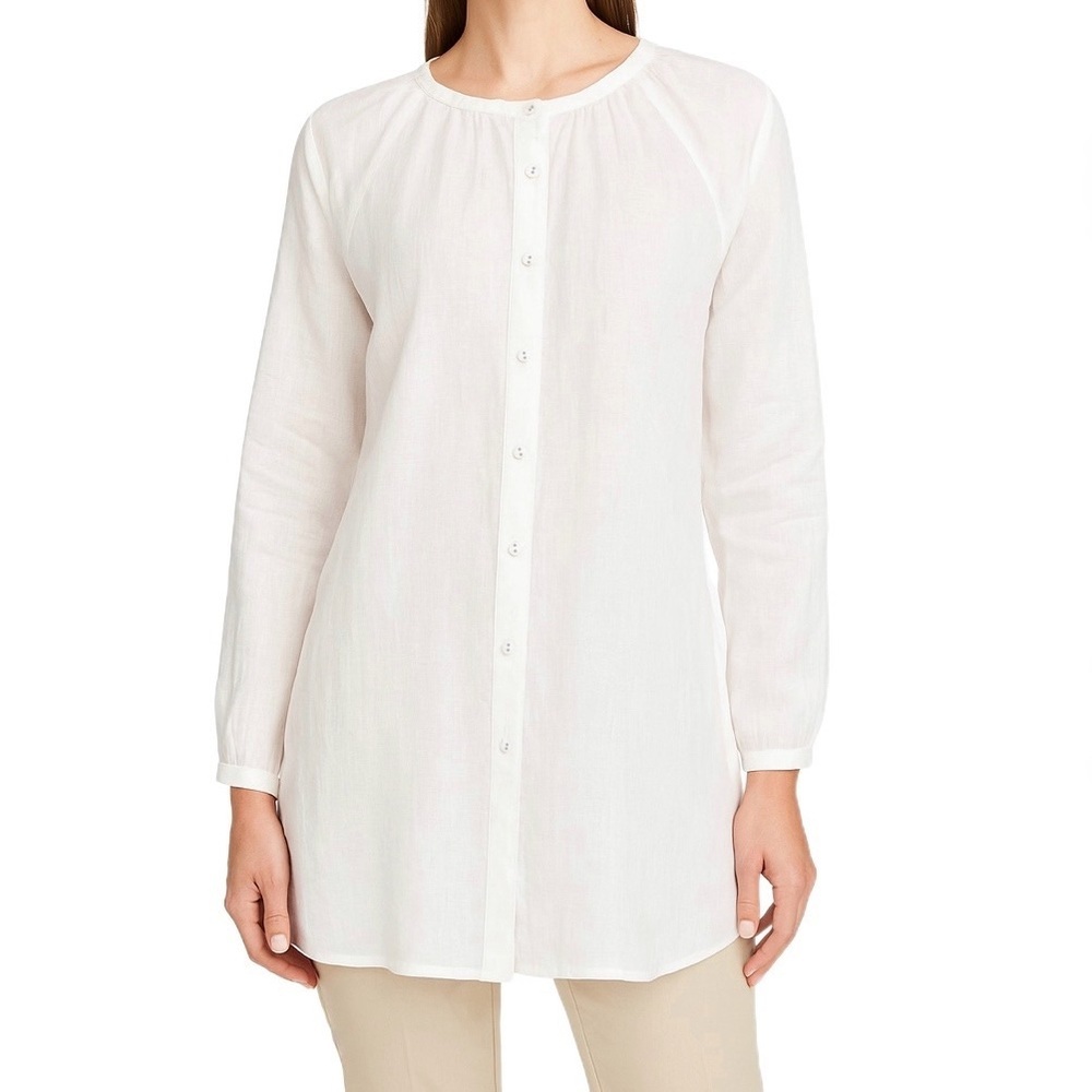 Eileen Fisher 100% Irish Linen Mandarin Collar Button Down Tunic